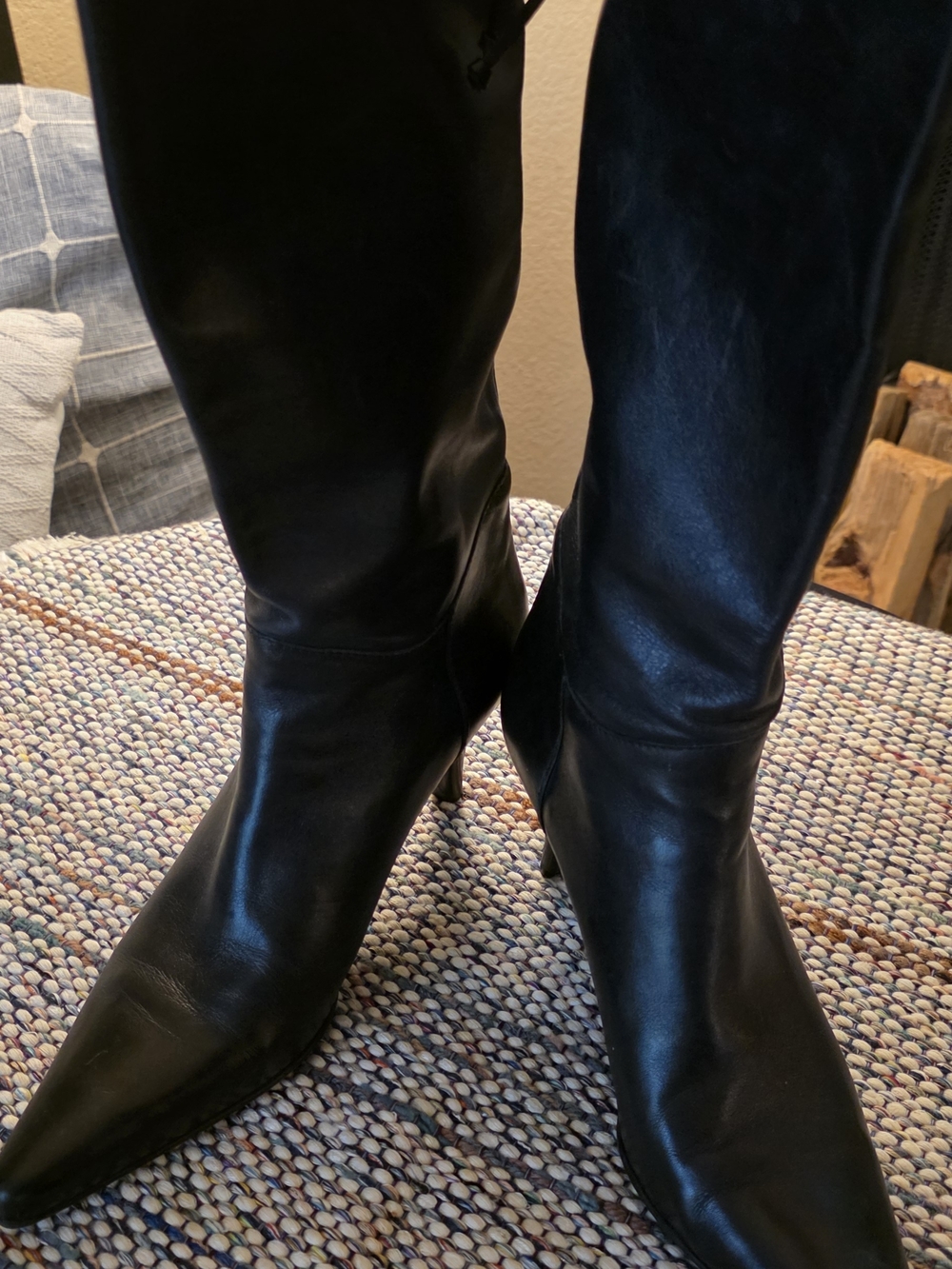 Nine West Black Leather Pointed-Toe Knee Boots